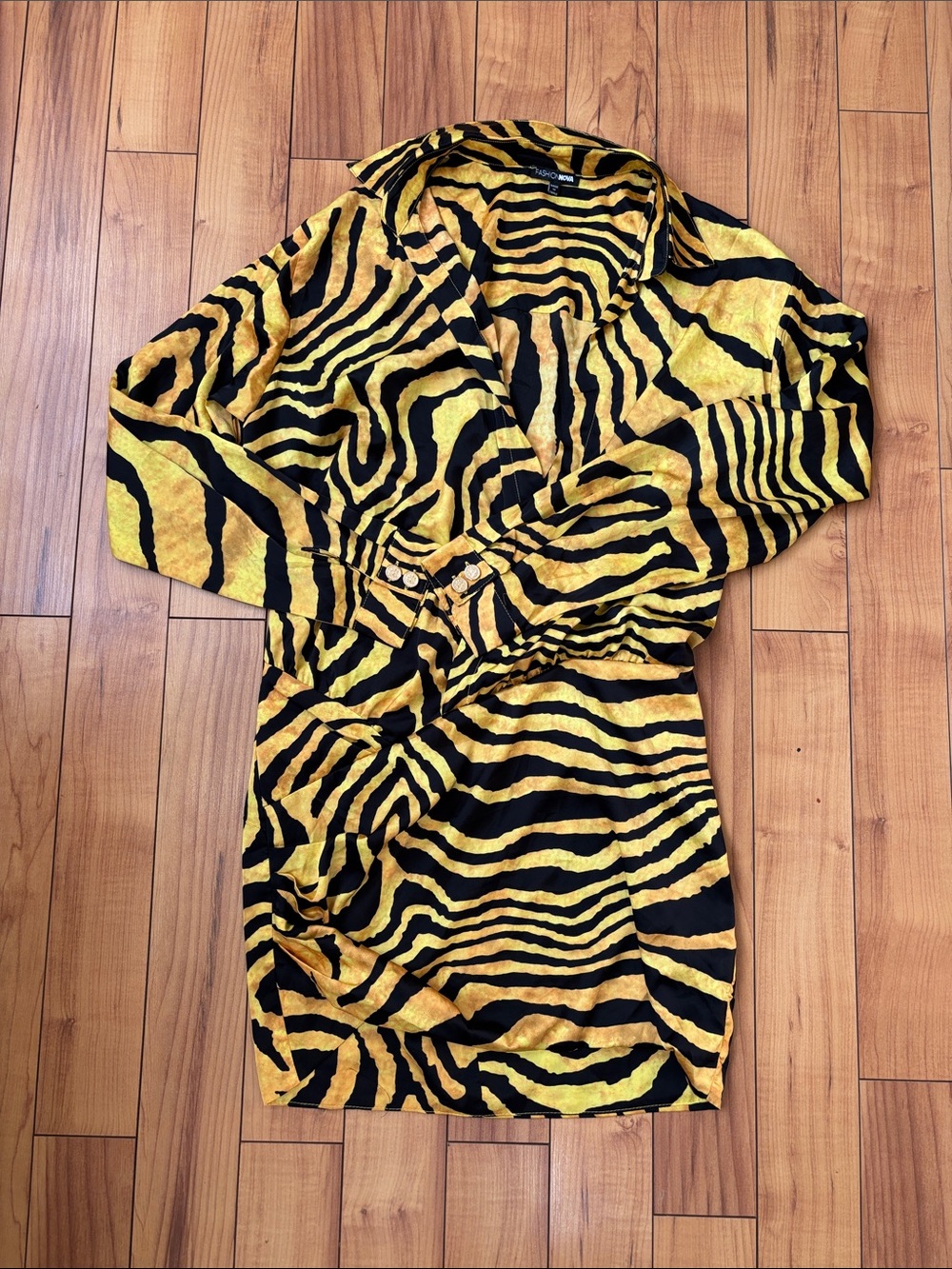 Fashion Nova Black and Yellow Zebra-Print Long Sleeve Dress